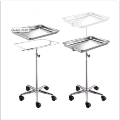16244-461_image_0.jpg KRISHNA MEDITECH KM-TR-MT Double Tray Mayo Trolley 1010x460x810mm Stainless Steel