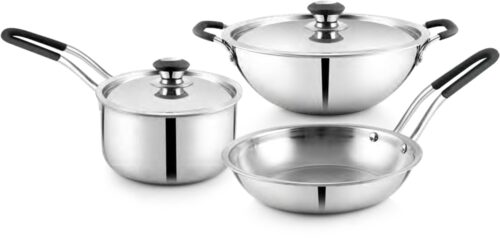Stainless Steel Fry Pan, Sauce Pan & Grill Pan 3 Pieces 3 L Cookware Set